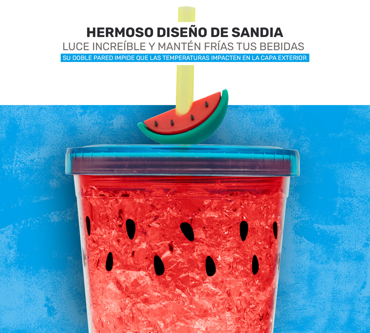 Vaso Frappé Congelable Diseño Sandía 450 ml · Gel Refrigerante · Con Popote color Rojo