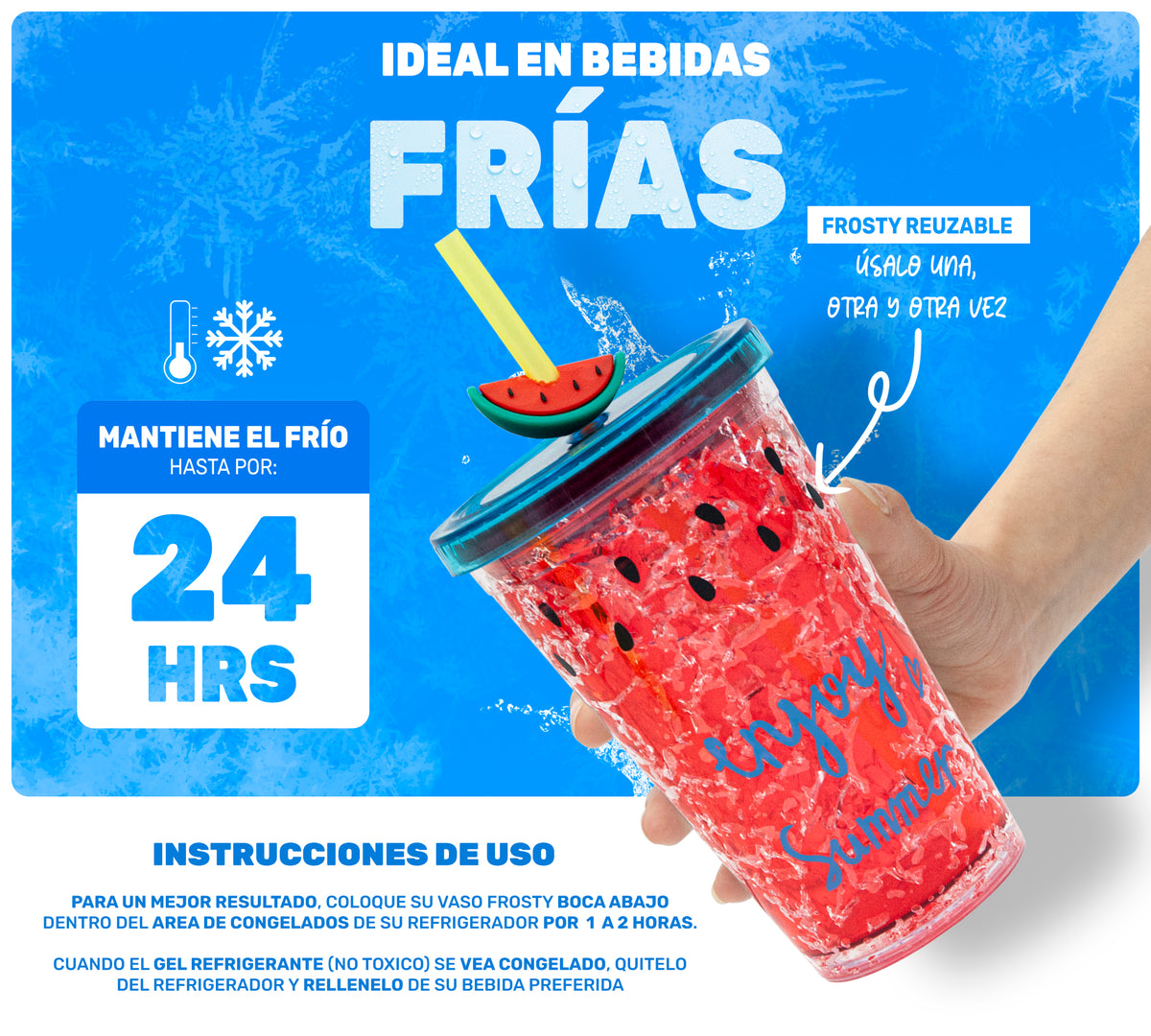 Vaso Frappé Congelable Diseño Sandía 450 ml · Gel Refrigerante · Con Popote color Rojo