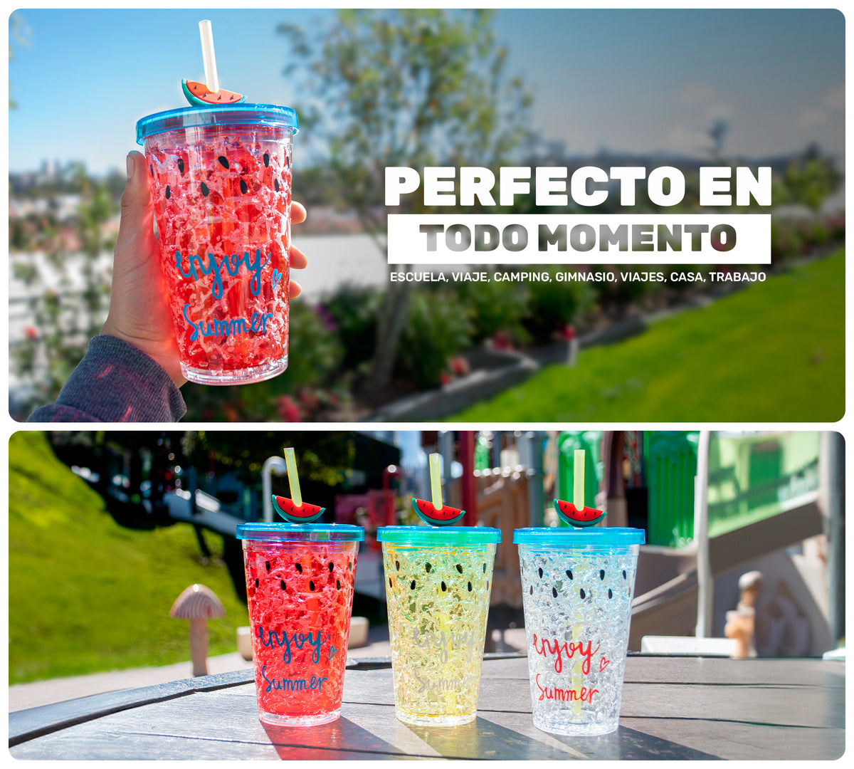 Vaso Frappé Congelable Diseño Sandía 450 ml · Gel Refrigerante · Con Popote color Rojo