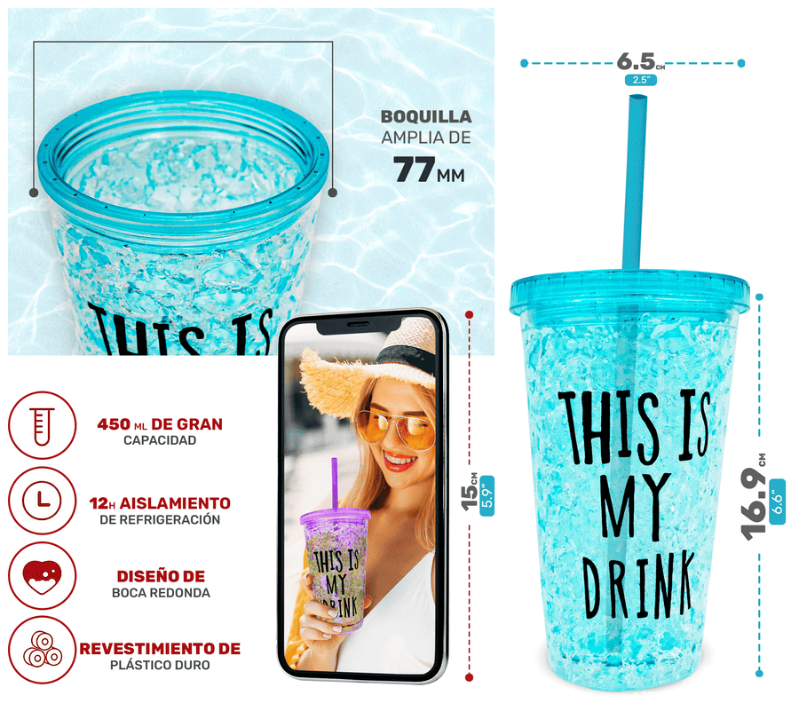 Vaso Frappé Congelable “This Is My Drink” 450 ml · Gel Refrigerante · Con Popote color Azul