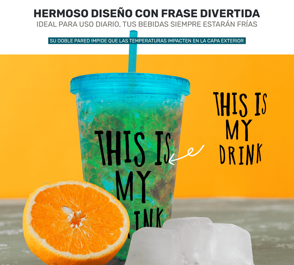 Vaso Frappé Congelable “This Is My Drink” 450 ml · Gel Refrigerante · Con Popote color Azul