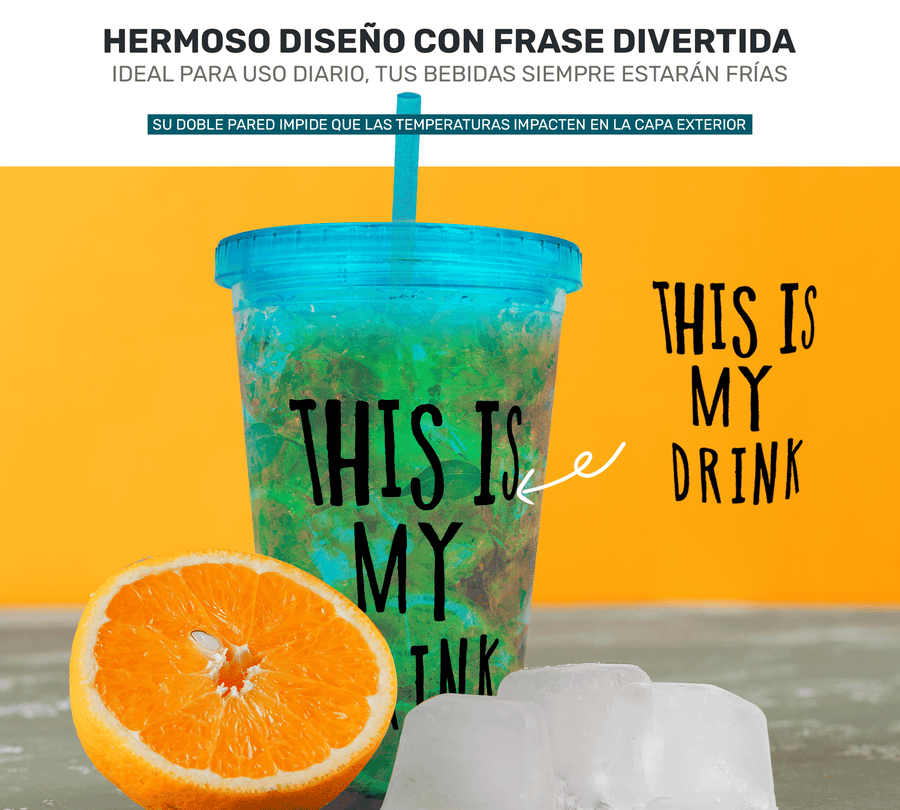 Vaso Frappé Congelable “This Is My Drink” 450 ml · Gel Refrigerante · Con Popote color Azul