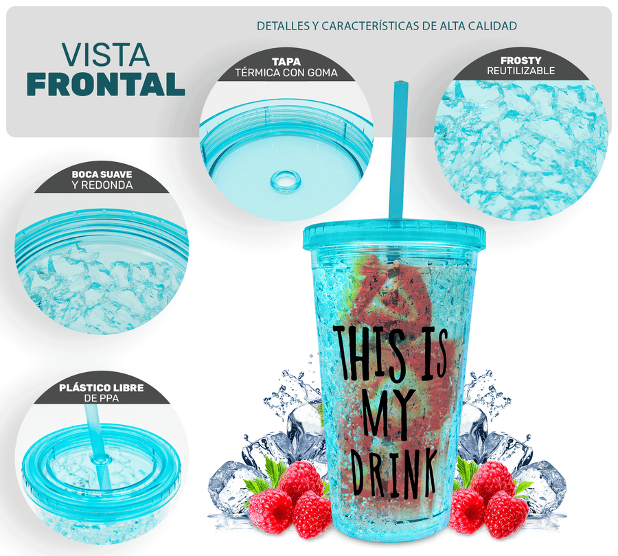 Vaso Frappé Congelable “This Is My Drink” 450 ml · Gel Refrigerante · Con Popote color Azul
