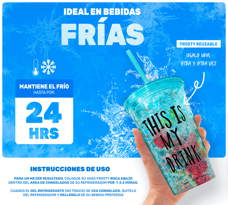 Vaso Frappé Congelable “This Is My Drink” 450 ml · Gel Refrigerante · Con Popote color Azul