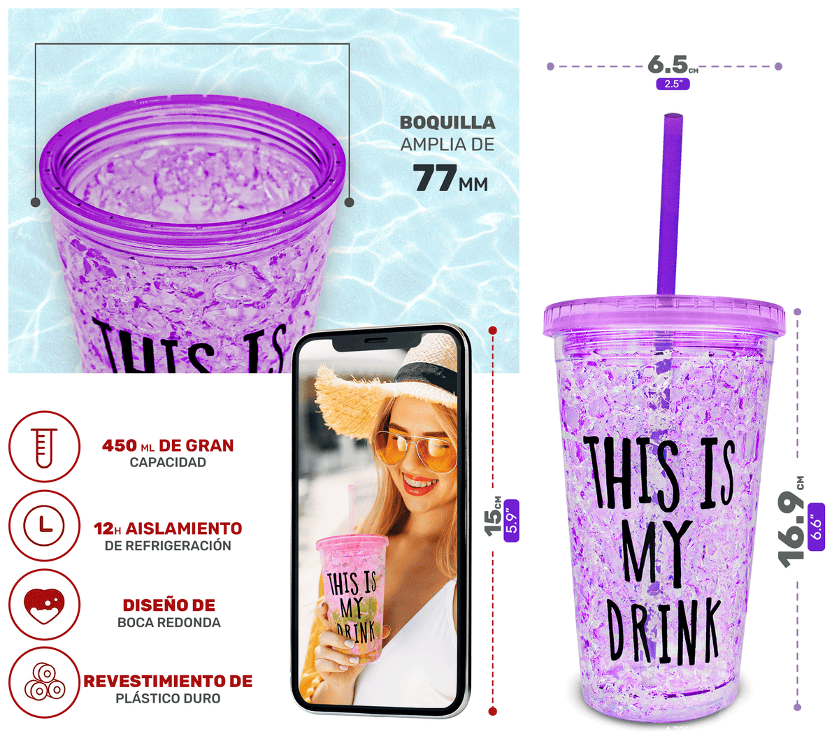 Vaso Frappé Congelable “This Is My Drink” 450 ml · Gel Refrigerante · Con Popote color Morado