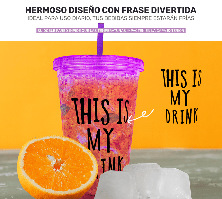 Vaso Frappé Congelable “This Is My Drink” 450 ml · Gel Refrigerante · Con Popote color Morado