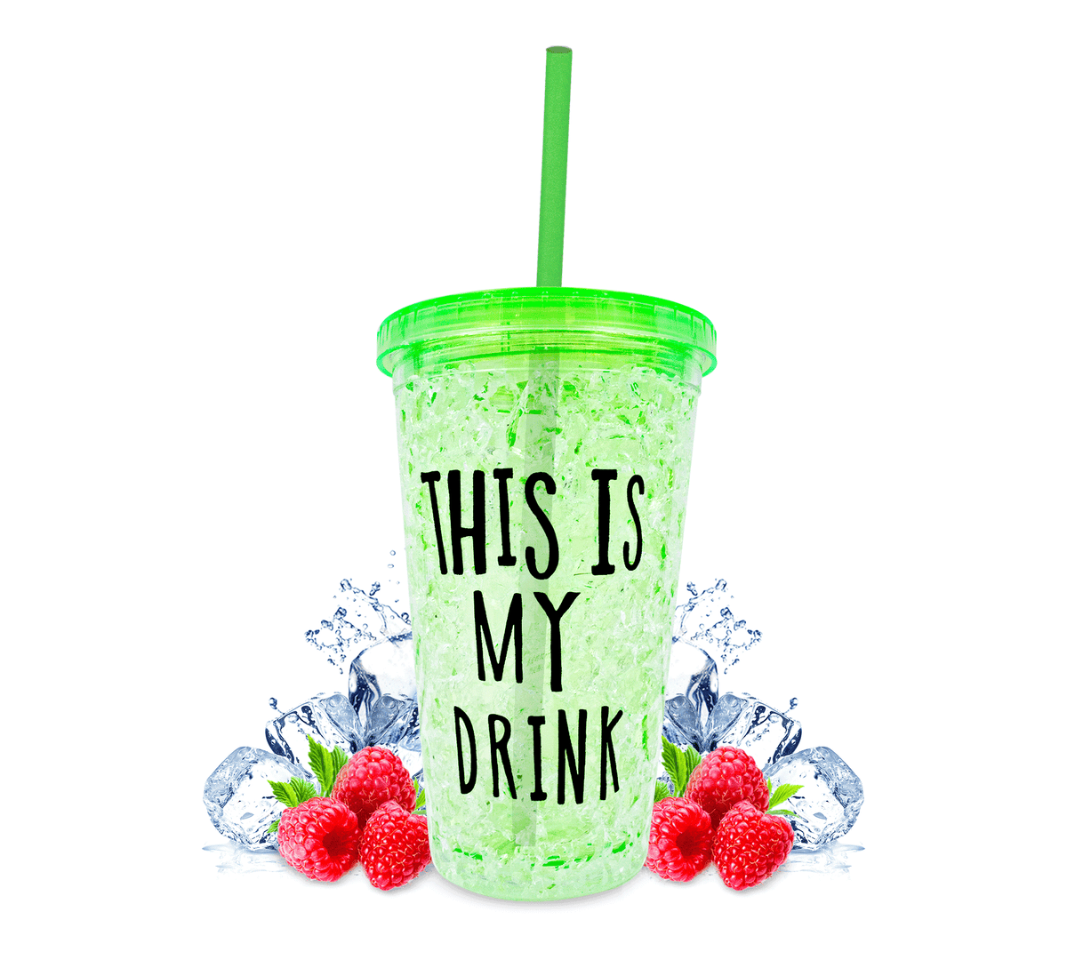 Vaso Frappé Congelable “This Is My Drink” 450 ml · Gel Refrigerante · Con Popote color Verde