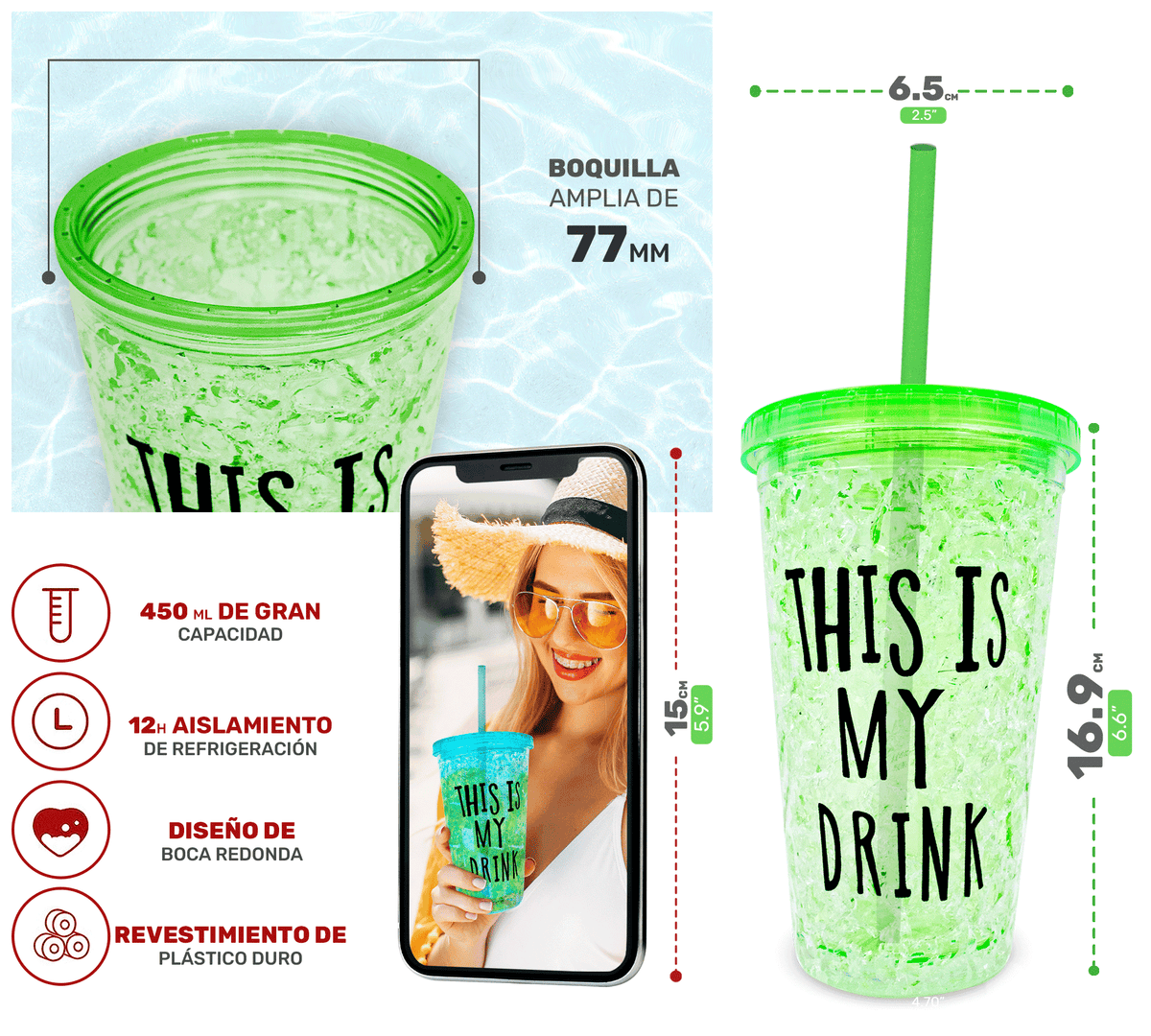 Vaso Frappé Congelable “This Is My Drink” 450 ml · Gel Refrigerante · Con Popote color Verde