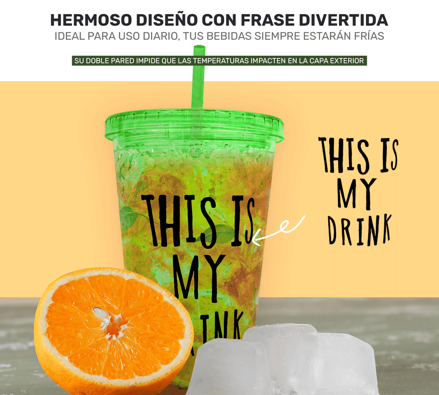Vaso Frappé Congelable “This Is My Drink” 450 ml · Gel Refrigerante · Con Popote color Verde