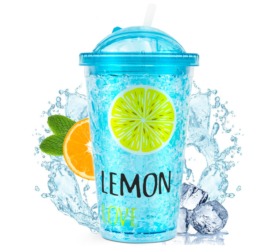 Vaso Frappé Congelable con Diseño de Frutas 450 ml · Gel Refrigerante · Con Popote color Limón (azul)