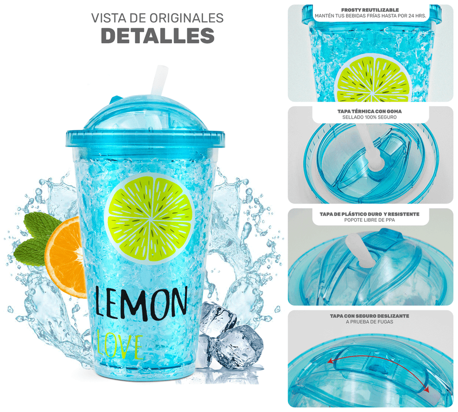 Vaso Frappé Congelable con Diseño de Frutas 450 ml · Gel Refrigerante · Con Popote color Limón (azul)