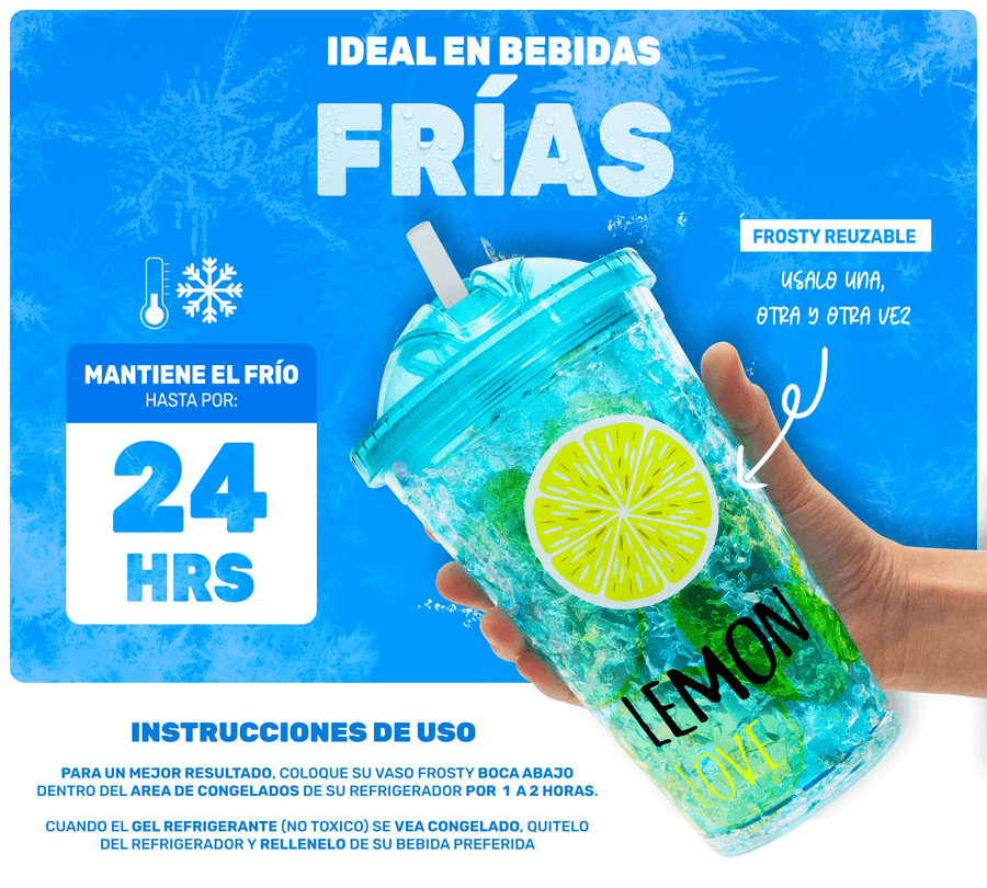 Vaso Frappé Congelable con Diseño de Frutas 450 ml · Gel Refrigerante · Con Popote color Limón (azul)