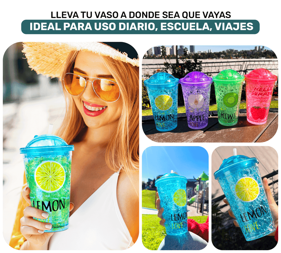 Vaso Frappé Congelable con Diseño de Frutas 450 ml · Gel Refrigerante · Con Popote color Limón (azul)