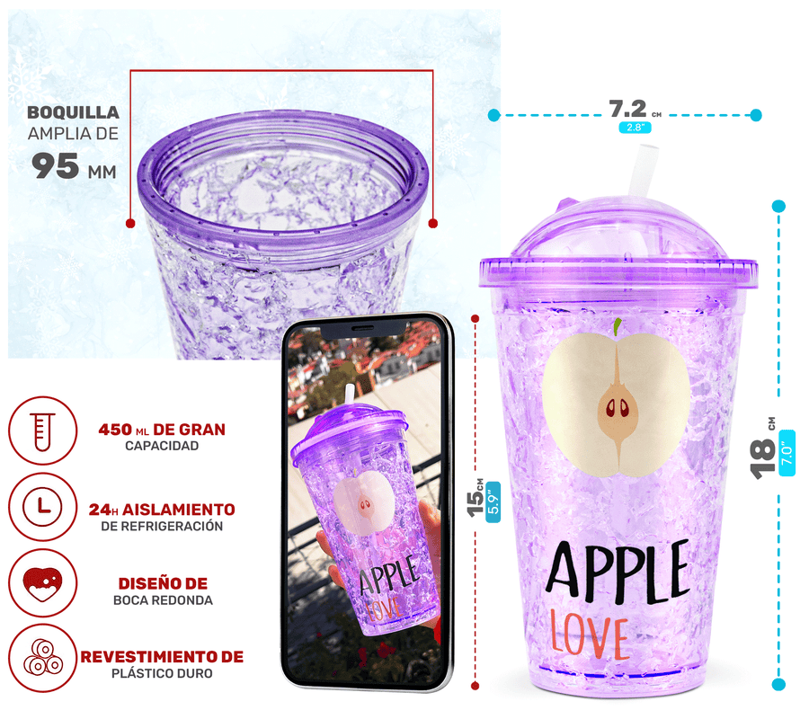Vaso Frappé Congelable con Diseño de Frutas 450 ml · Gel Refrigerante · Con Popote color Manzana (morado)