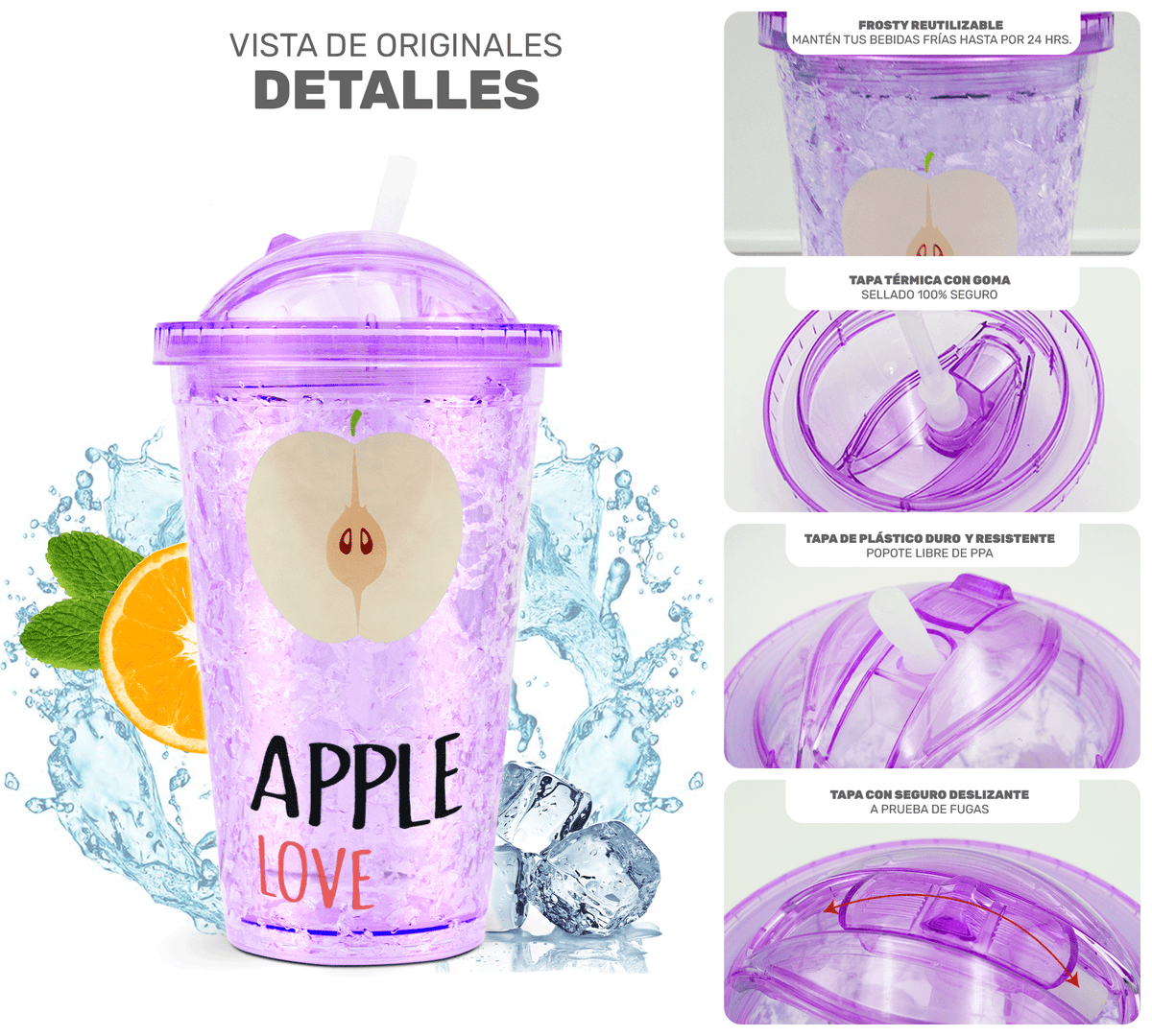 Vaso Frappé Congelable con Diseño de Frutas 450 ml · Gel Refrigerante · Con Popote color Manzana (morado)