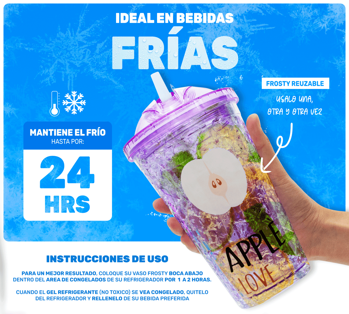 Vaso Frappé Congelable con Diseño de Frutas 450 ml · Gel Refrigerante · Con Popote color Manzana (morado)