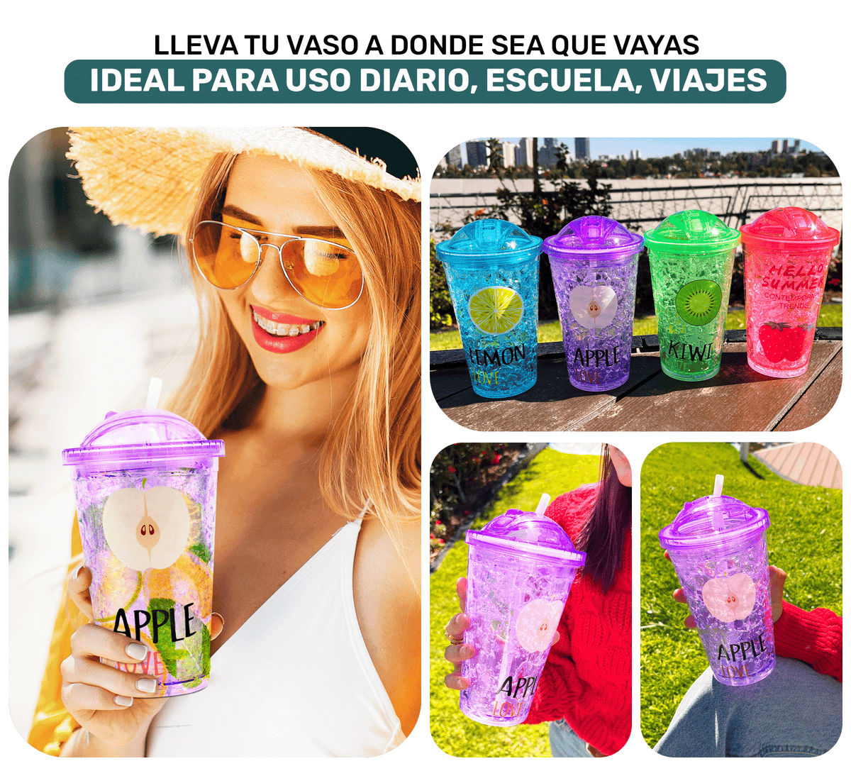 Vaso Frappé Congelable con Diseño de Frutas 450 ml · Gel Refrigerante · Con Popote color Manzana (morado)
