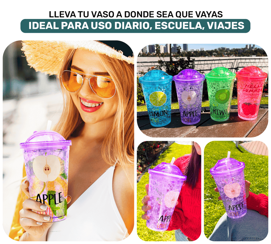 Vaso Frappé Congelable con Diseño de Frutas 450 ml · Gel Refrigerante · Con Popote color Manzana (morado)