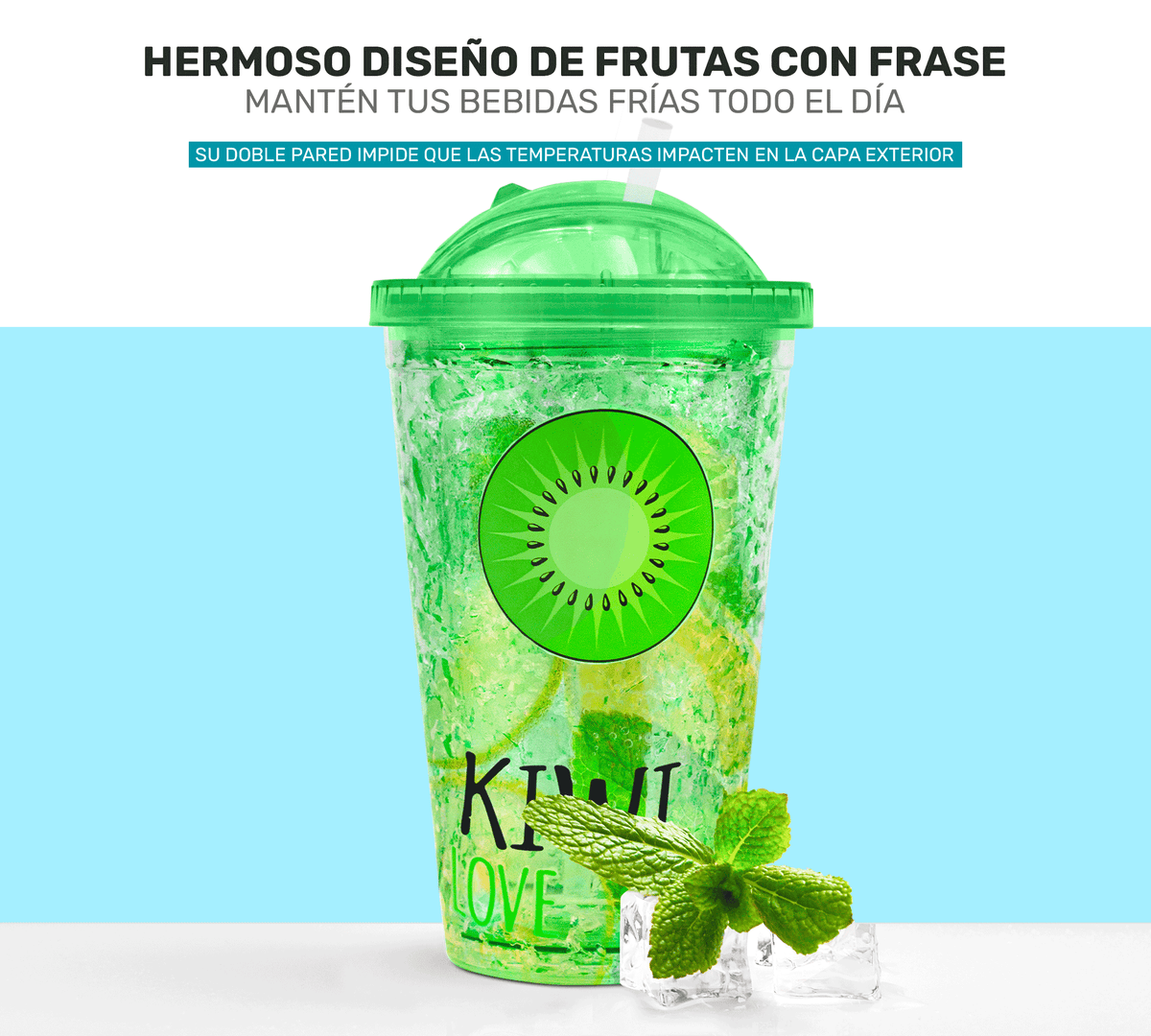 Vaso Frappé Congelable con Diseño de Frutas 450 ml · Gel Refrigerante · Con Popote color Kiwi (verde)