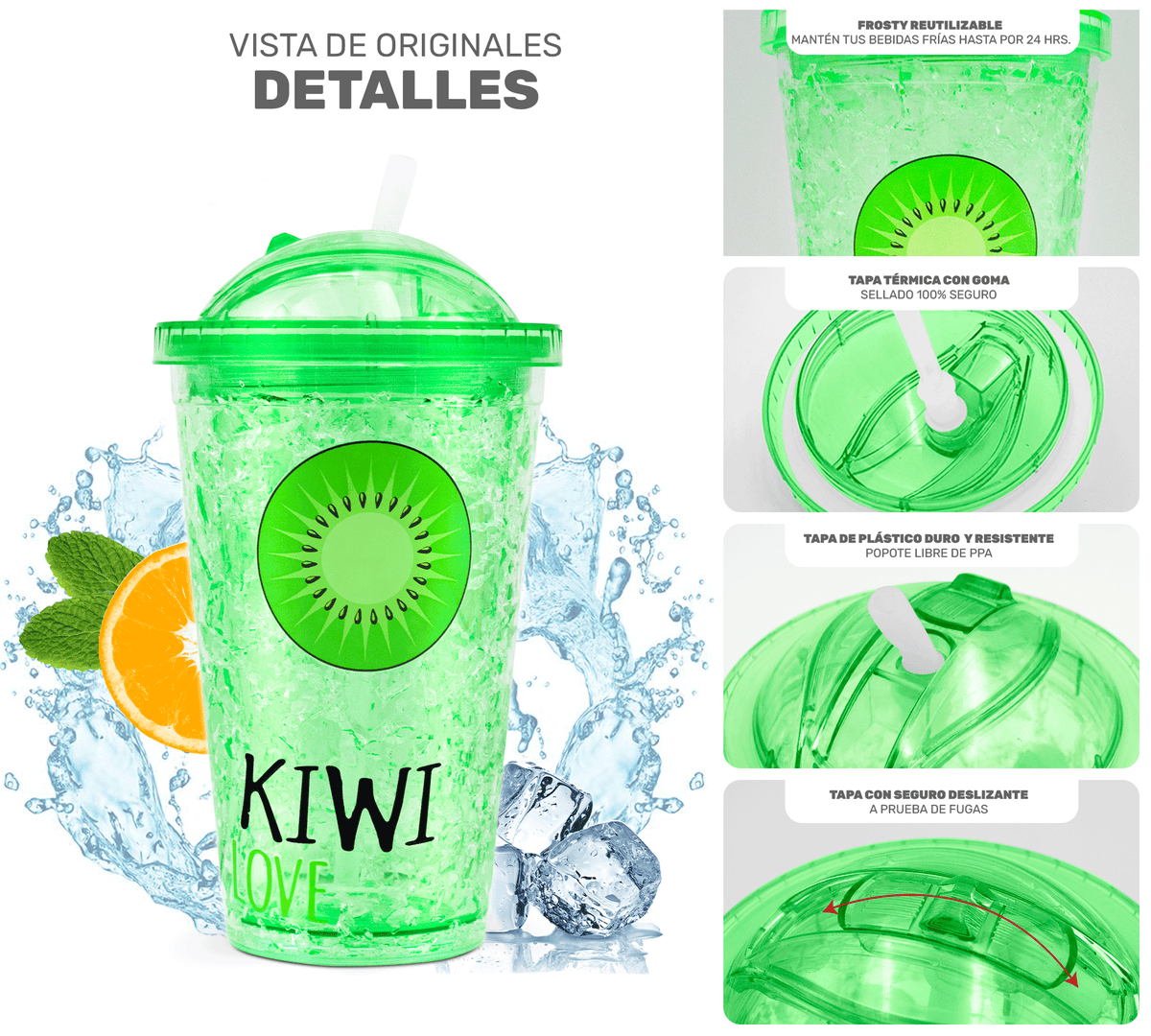 Vaso Frappé Congelable con Diseño de Frutas 450 ml · Gel Refrigerante · Con Popote color Kiwi (verde)