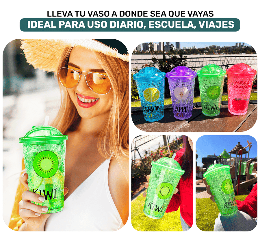 Vaso Frappé Congelable con Diseño de Frutas 450 ml · Gel Refrigerante · Con Popote color Kiwi (verde)