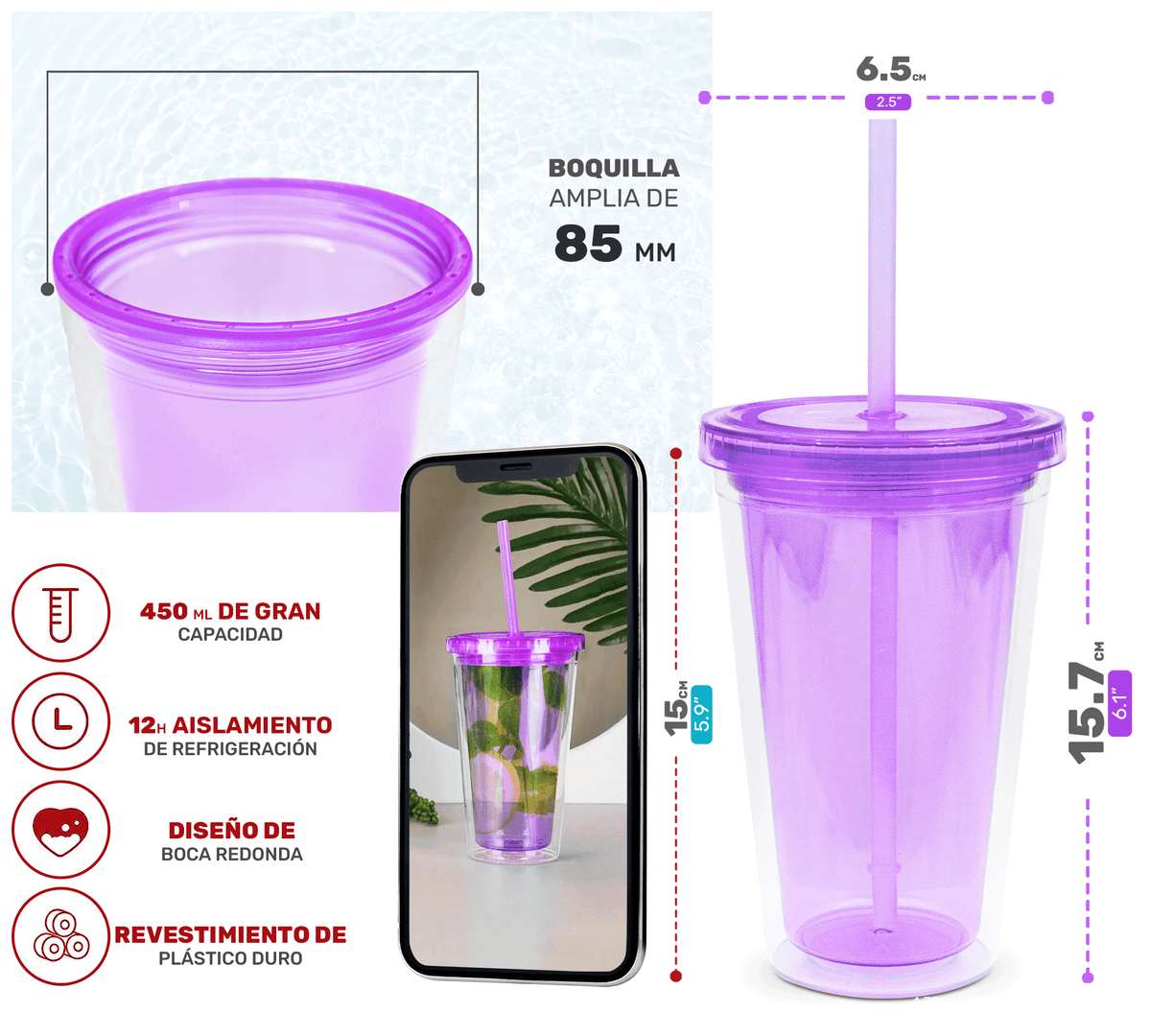 Vaso Térmico con Popote y Tapa 450 ml · Doble Pared · Colores Neón color Morado