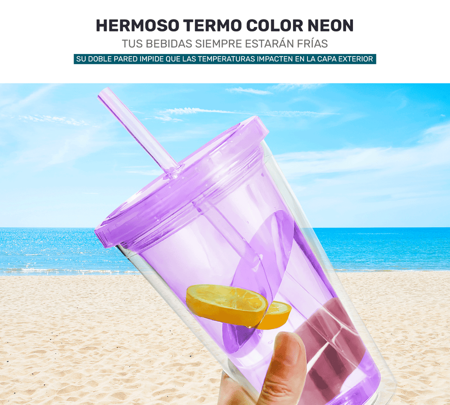 Vaso Térmico con Popote y Tapa 450 ml · Doble Pared · Colores Neón color Morado