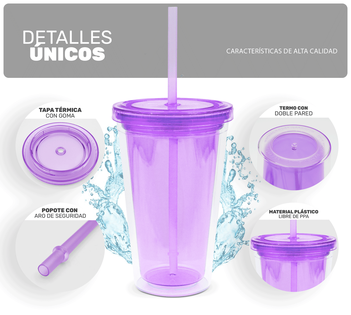 Vaso Térmico con Popote y Tapa 450 ml · Doble Pared · Colores Neón color Morado