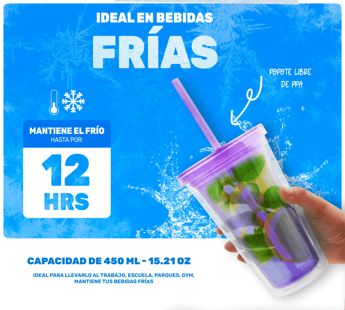 Vaso Térmico con Popote y Tapa 450 ml · Doble Pared · Colores Neón color Morado