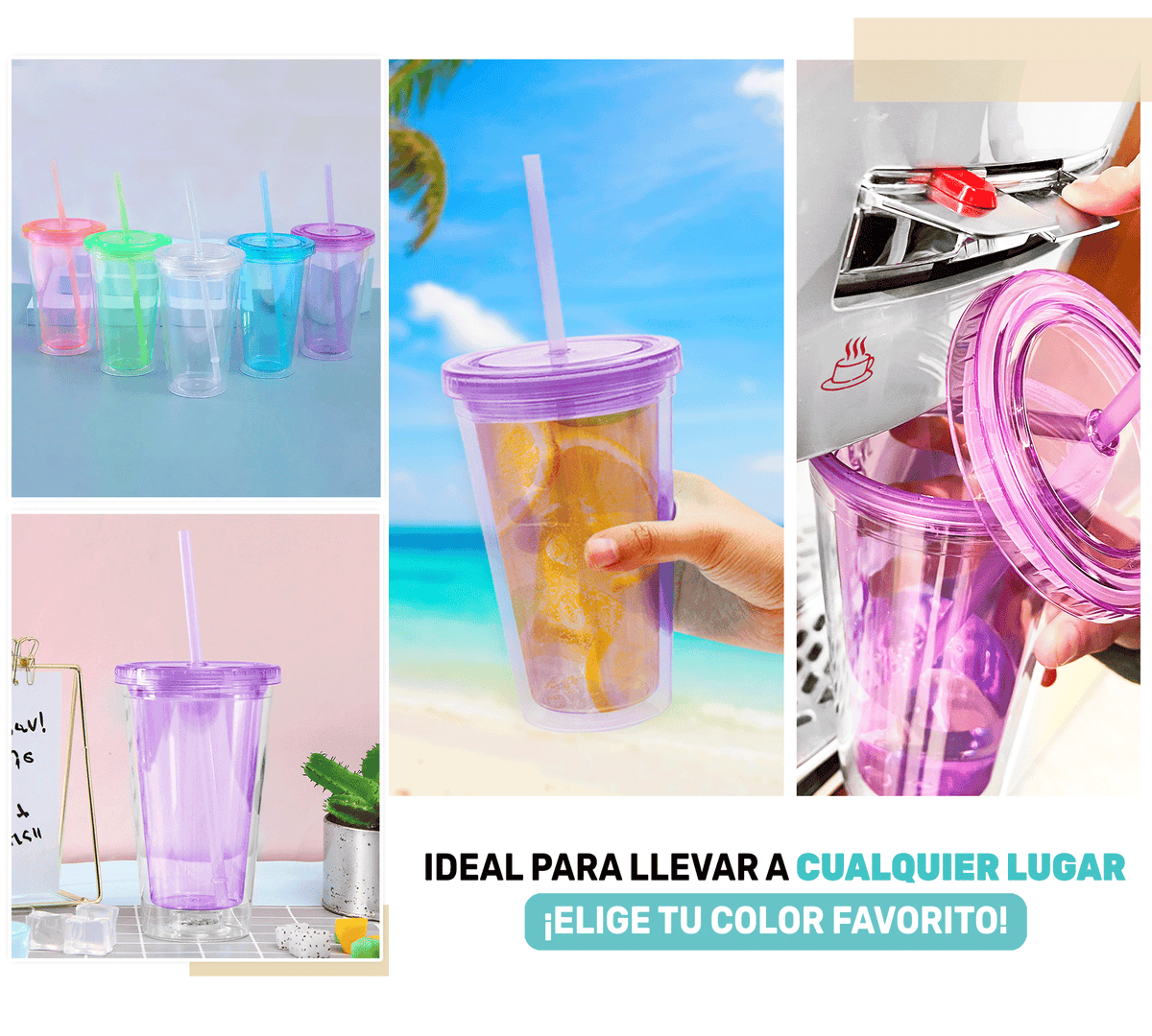 Vaso Térmico con Popote y Tapa 450 ml · Doble Pared · Colores Neón color Morado