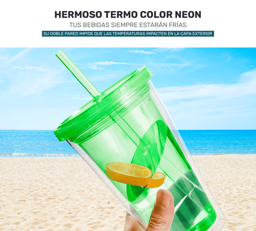 Vaso Térmico con Popote y Tapa 450 ml · Doble Pared · Colores Neón color Verde