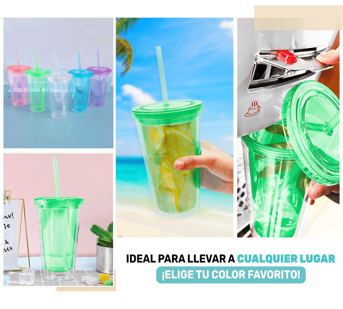 Vaso Térmico con Popote y Tapa 450 ml · Doble Pared · Colores Neón color Verde