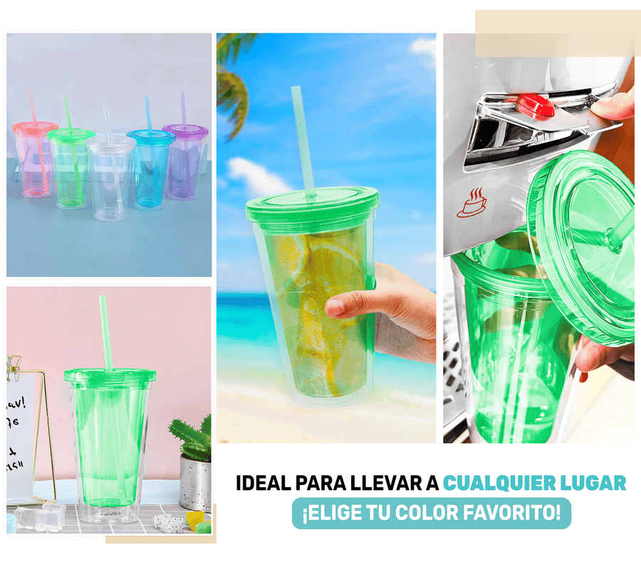 Vaso Térmico con Popote y Tapa 450 ml · Doble Pared · Colores Neón color Verde