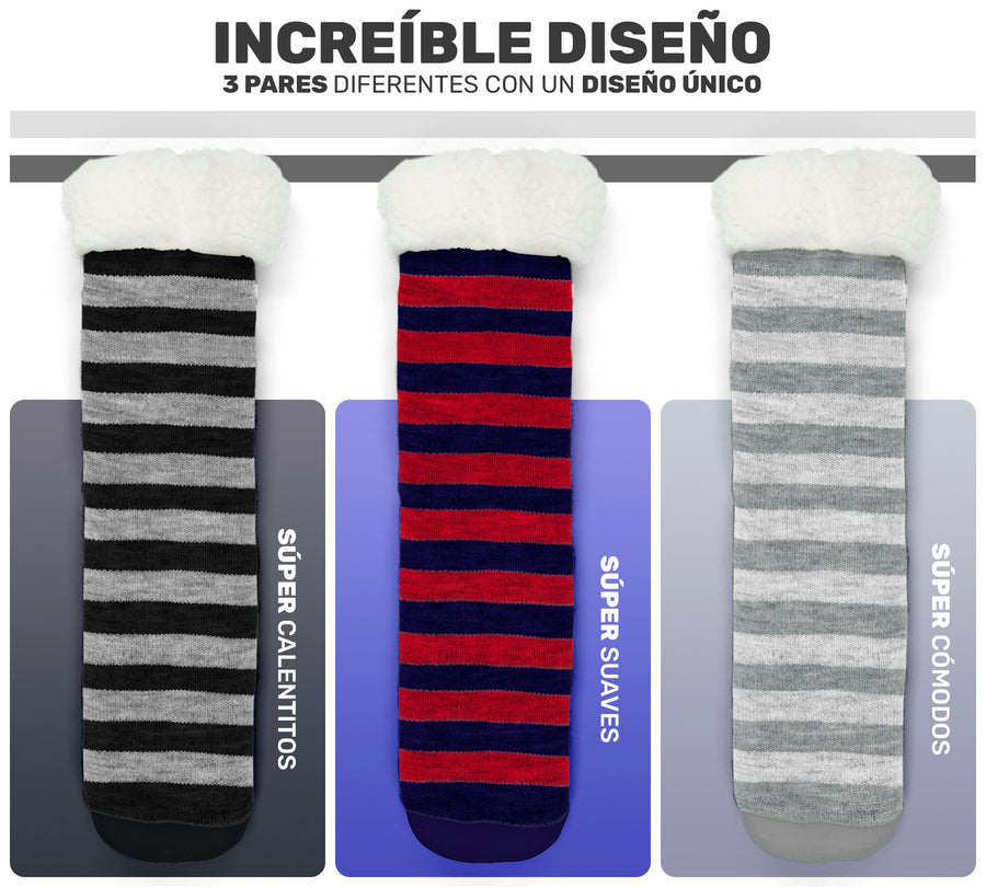 3 Pares de Calcetones Térmicos con Sherpa a Rayas · Antiderrapantes · Unitalla Unisex