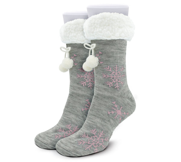 Calcetas Térmicas Afelpadas Mujer con Pompones · Estampado de Copos color Gris con morado