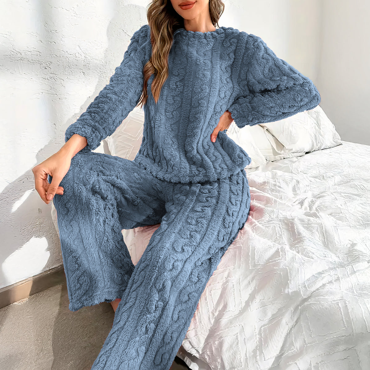 Pijama Afelpada Mujer Textura Trenzada · Suéter y Pantalón Tipo Peluche · Talla G/XG color Azul