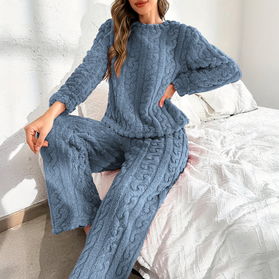 Pijama Afelpada Mujer Textura Trenzada · Suéter y Pantalón Tipo Peluche · Talla G/XG color Azul