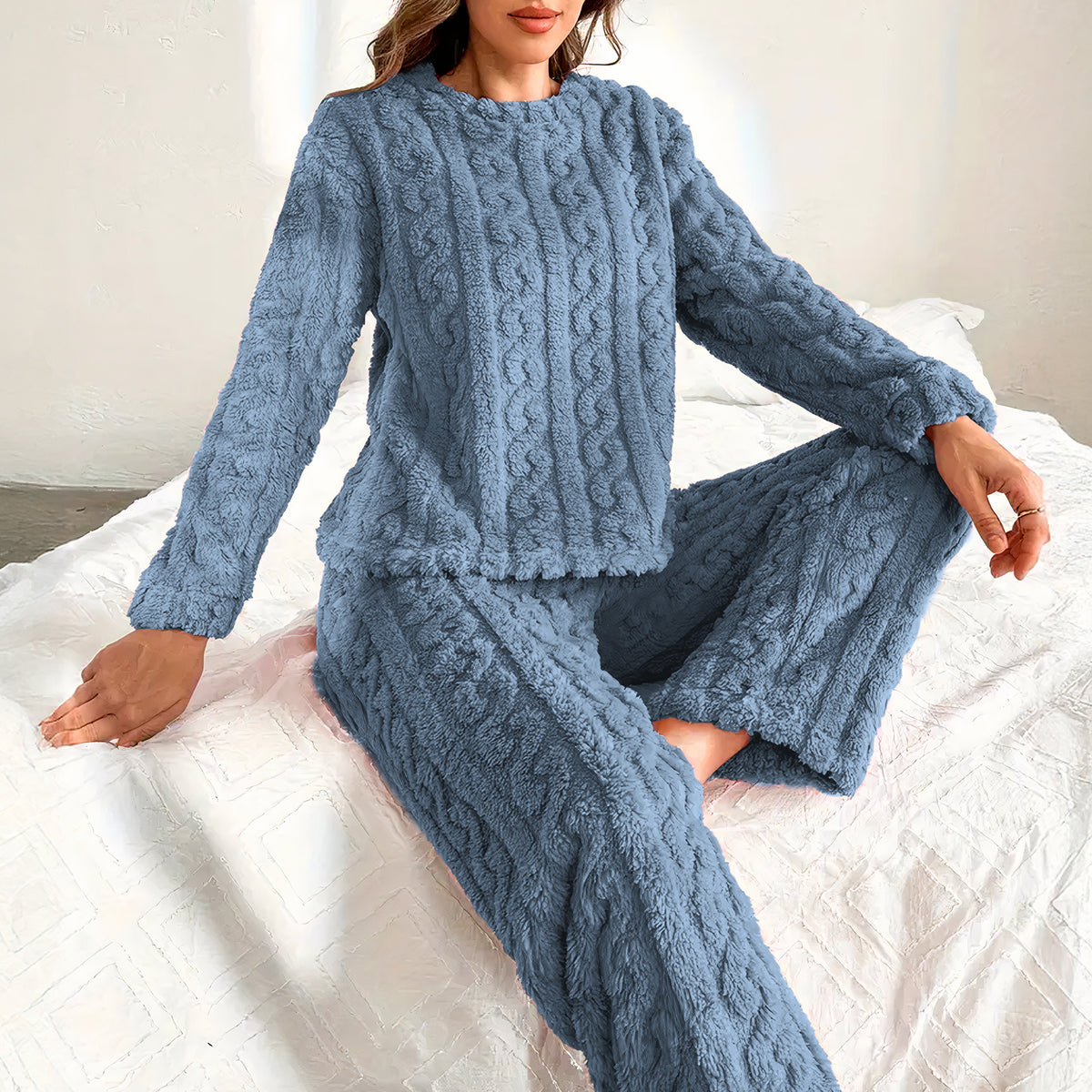 Pijama Afelpada Mujer Textura Trenzada · Suéter y Pantalón Tipo Peluche · Talla G/XG color Azul