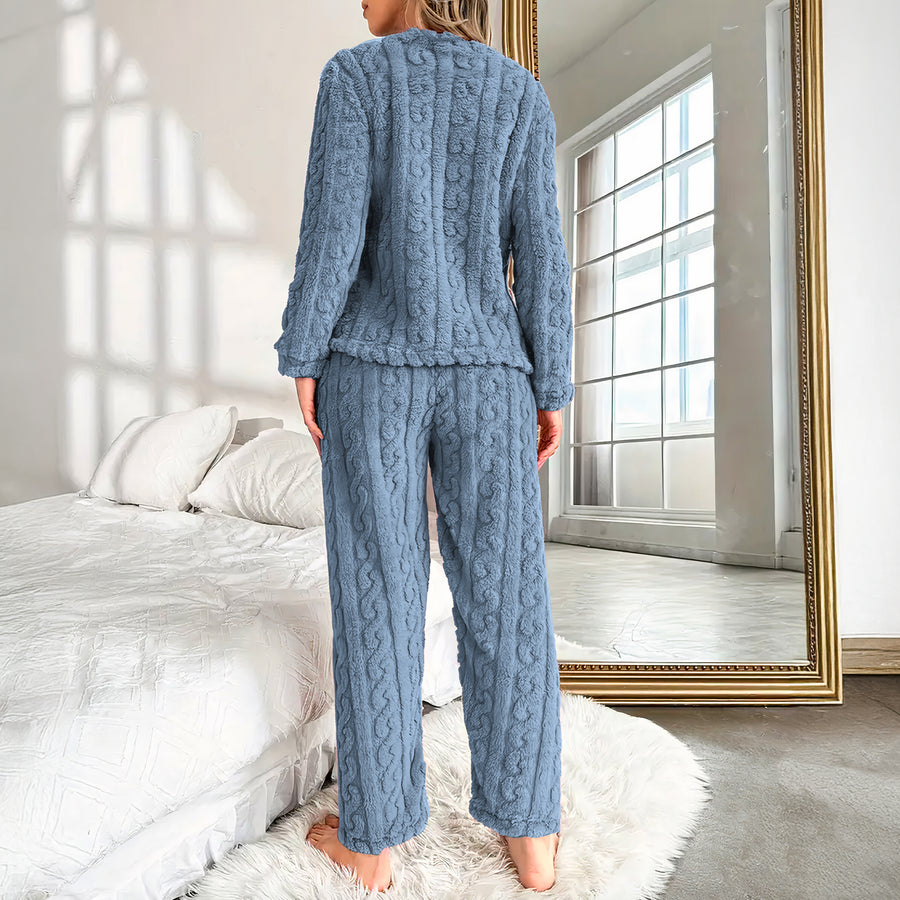 Pijama Afelpada Mujer Textura Trenzada · Suéter y Pantalón Tipo Peluche · Talla G/XG color Azul