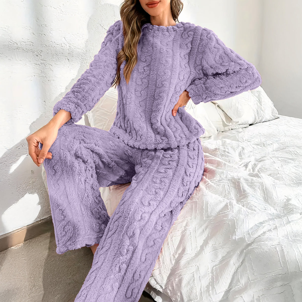 Pijama Afelpada Mujer Textura Trenzada · Suéter y Pantalón Tipo Peluche · Talla G/XG color Morado