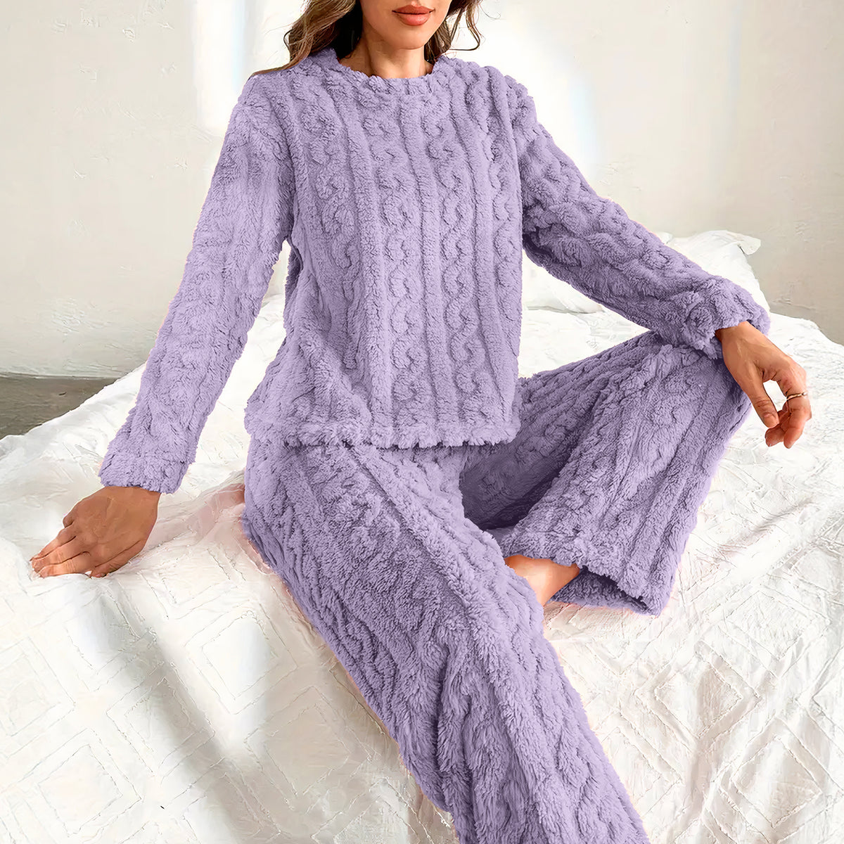 Pijama Afelpada Mujer Textura Trenzada · Suéter y Pantalón Tipo Peluche · Talla G/XG color Morado