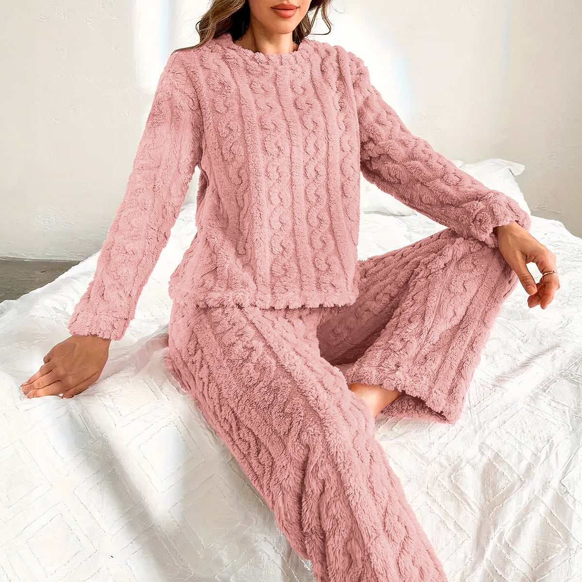 Pijama Afelpada Mujer Textura Trenzada · Suéter y Pantalón Tipo Peluche · Talla G/XG color Rosa