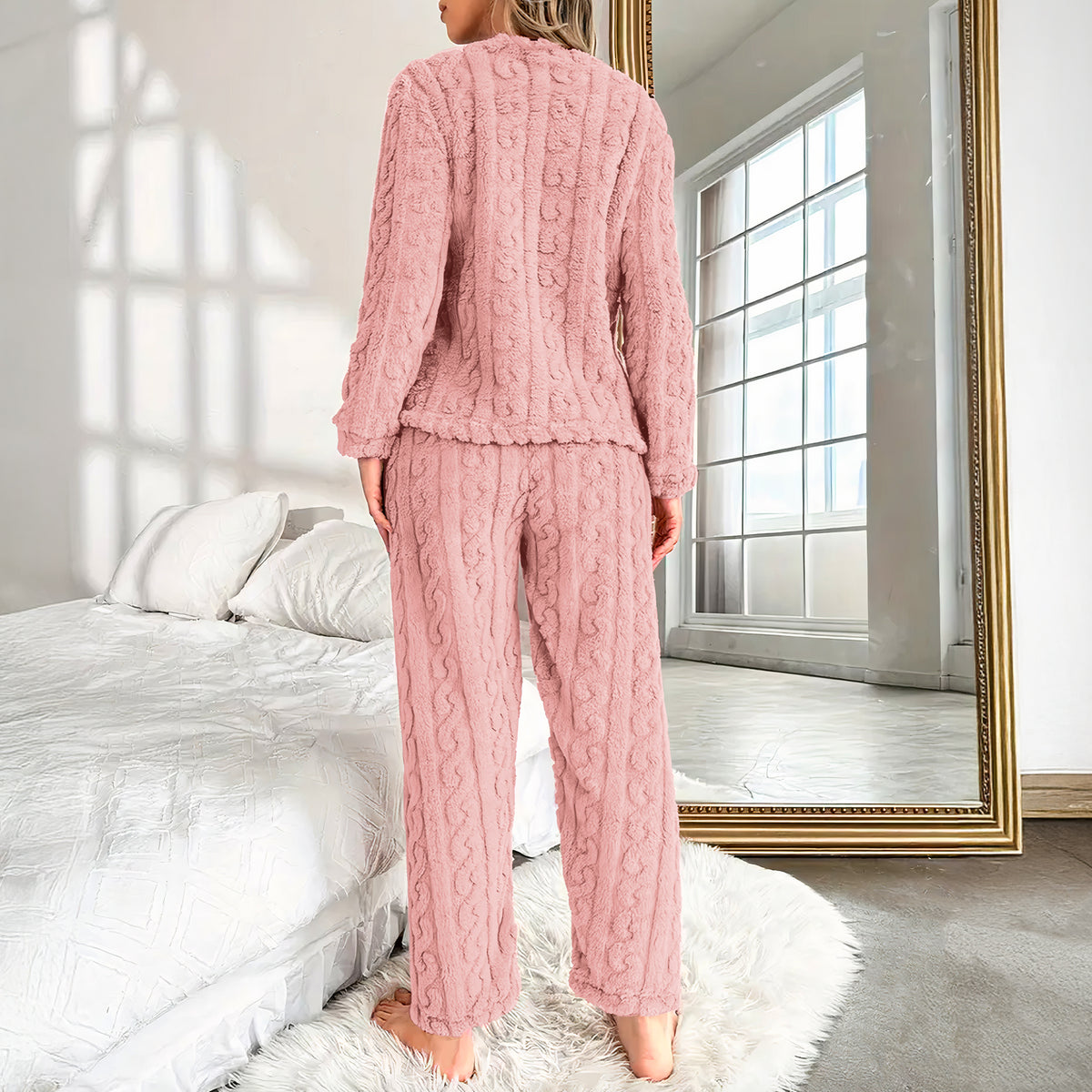 Pijama Afelpada Mujer Textura Trenzada · Suéter y Pantalón Tipo Peluche · Talla G/XG color Rosa