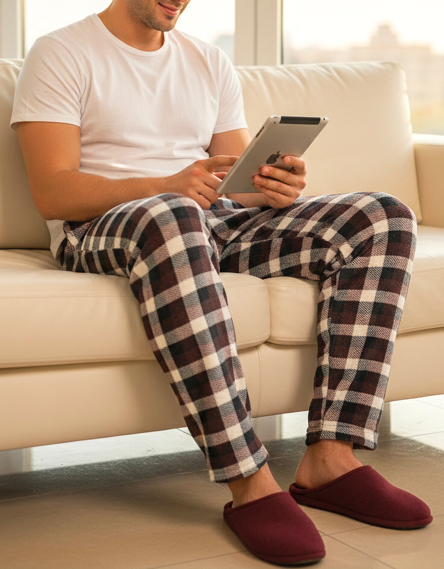 Pantalón de Pijama Hombre a Cuadros · Suave y Cómodo · Unitalla color Vino