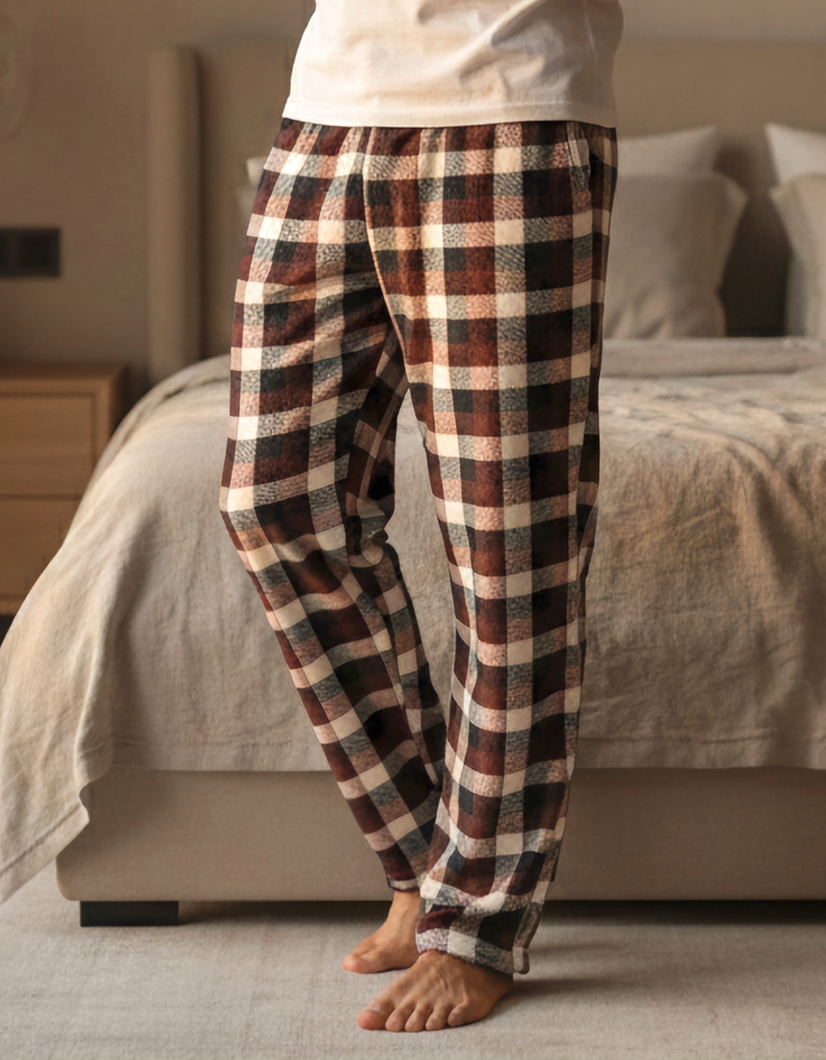 Pantalón de Pijama Hombre a Cuadros · Suave y Cómodo · Unitalla color Vino