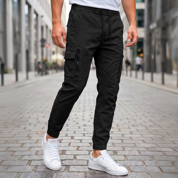 Pantalón Cargo Jogger Hombre Slim Fit · Cintura Elástica con Cordón · CH a XG color Negro