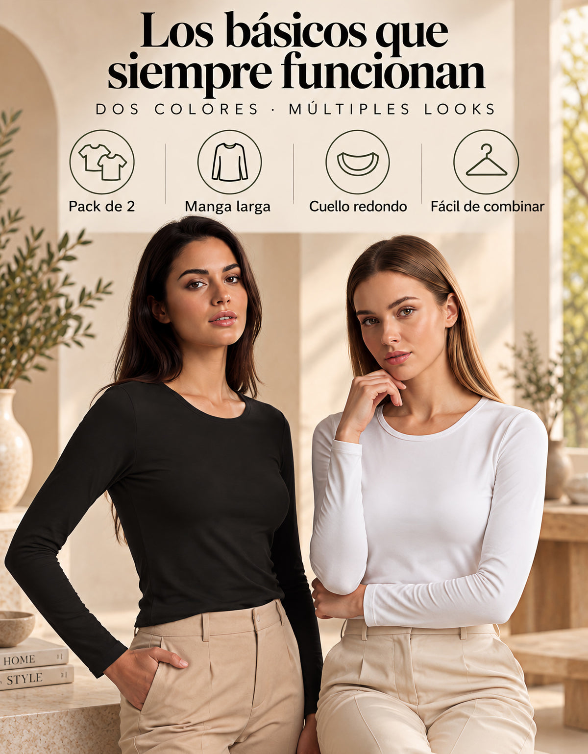 Blusa Térmica Mujer Manga Larga Cuello Redondo · Paquete de 2 · Unitalla color Negro y Blanco
