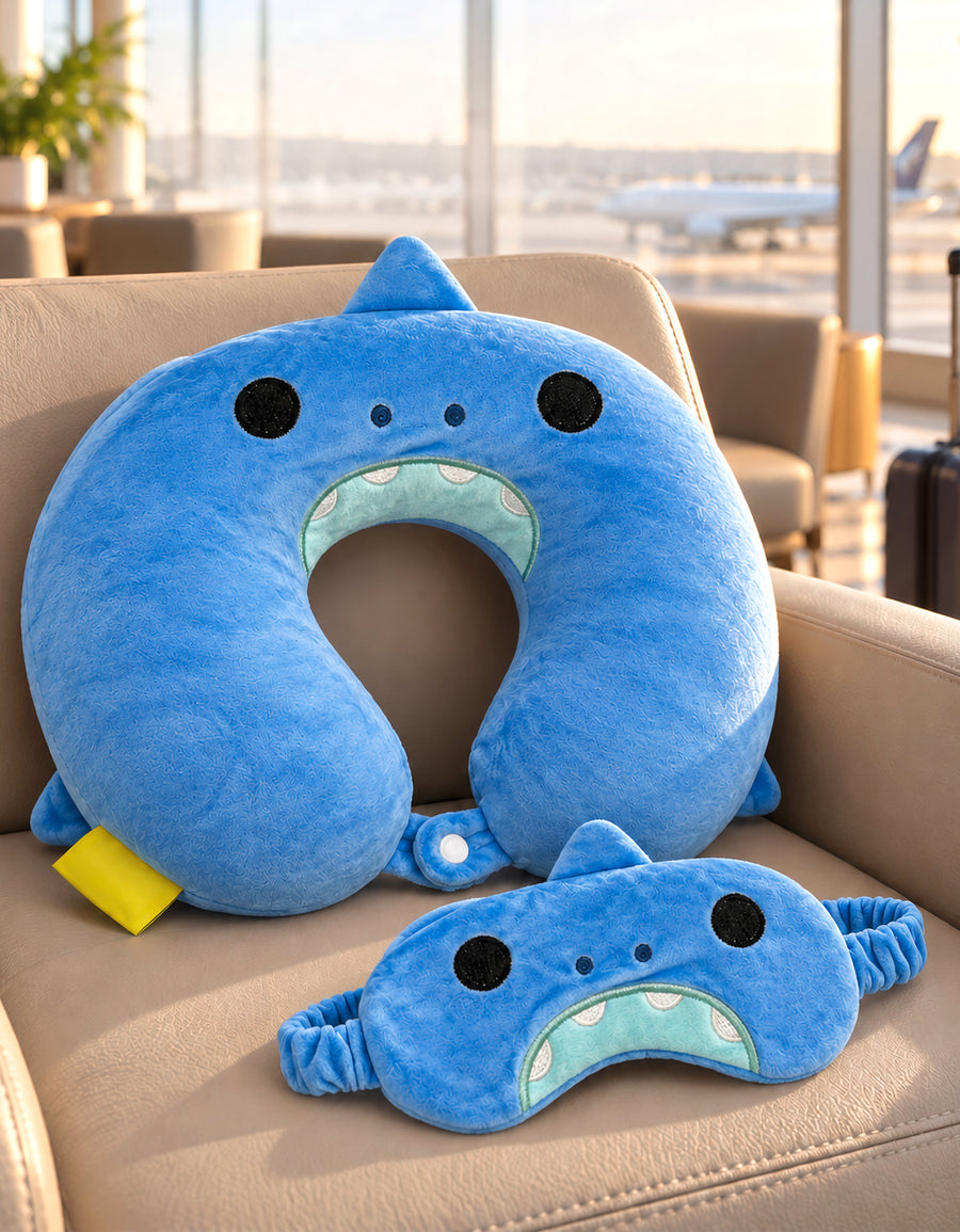 Almohada de Viaje para Cuello con Antifaz · Diseño de Animalito · Suave y Acolchada color Azul (tiburón)