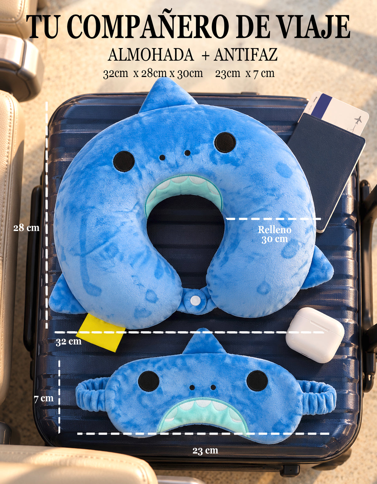 Almohada de Viaje para Cuello con Antifaz · Diseño de Animalito · Suave y Acolchada color Azul (tiburón)