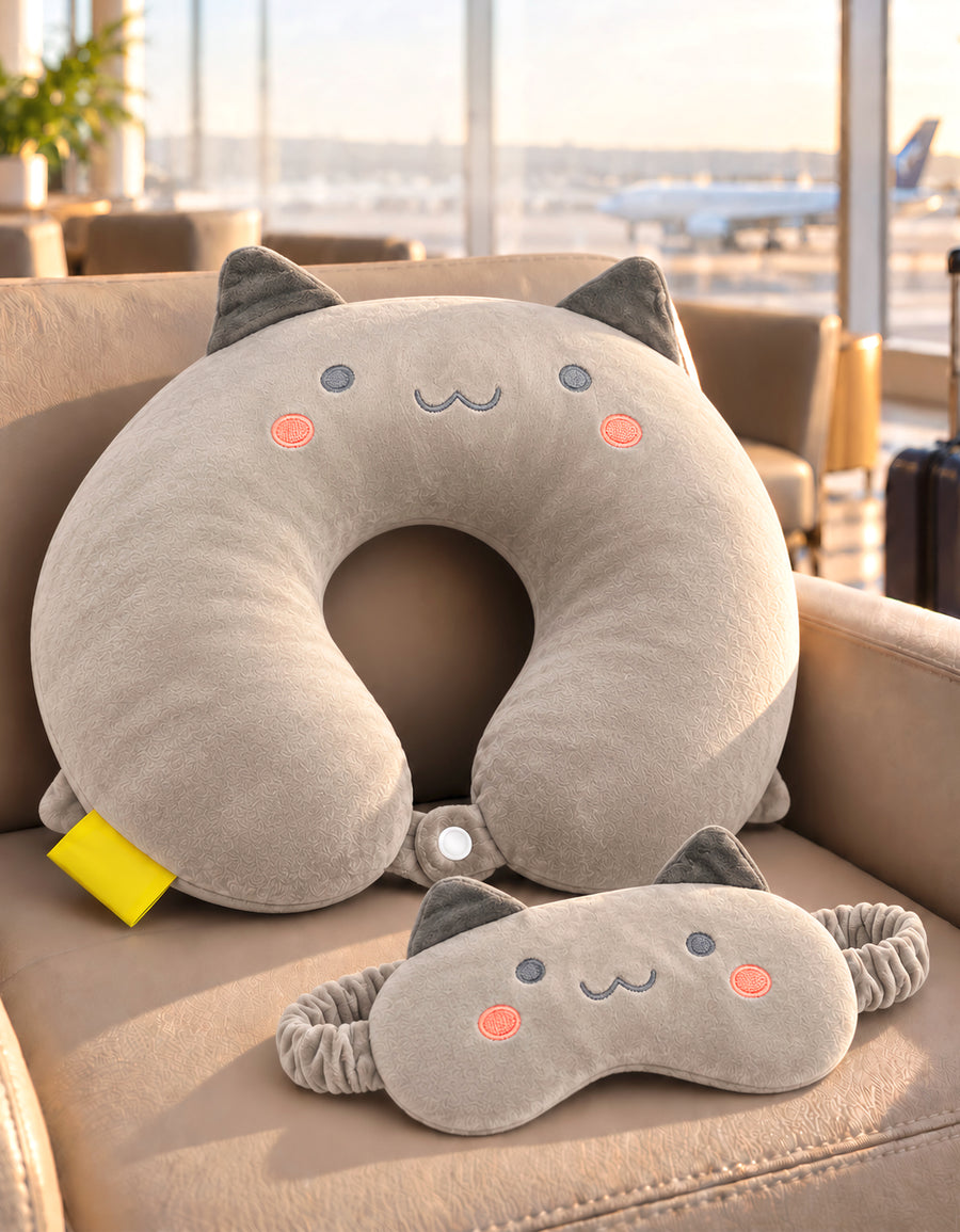 Almohada de Viaje para Cuello con Antifaz · Diseño de Animalito · Suave y Acolchada color Gris (gatito)